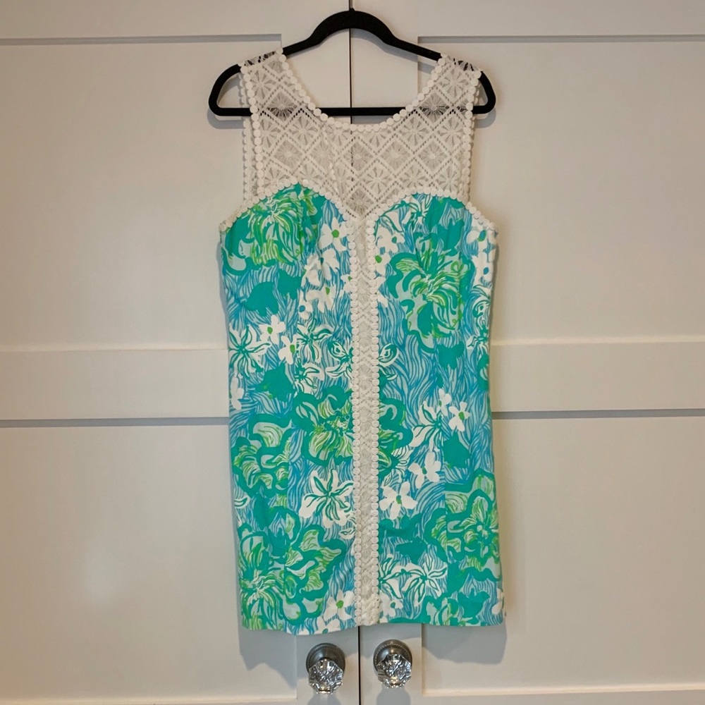 Lilly Pulitzer blue, green, and white lace dress